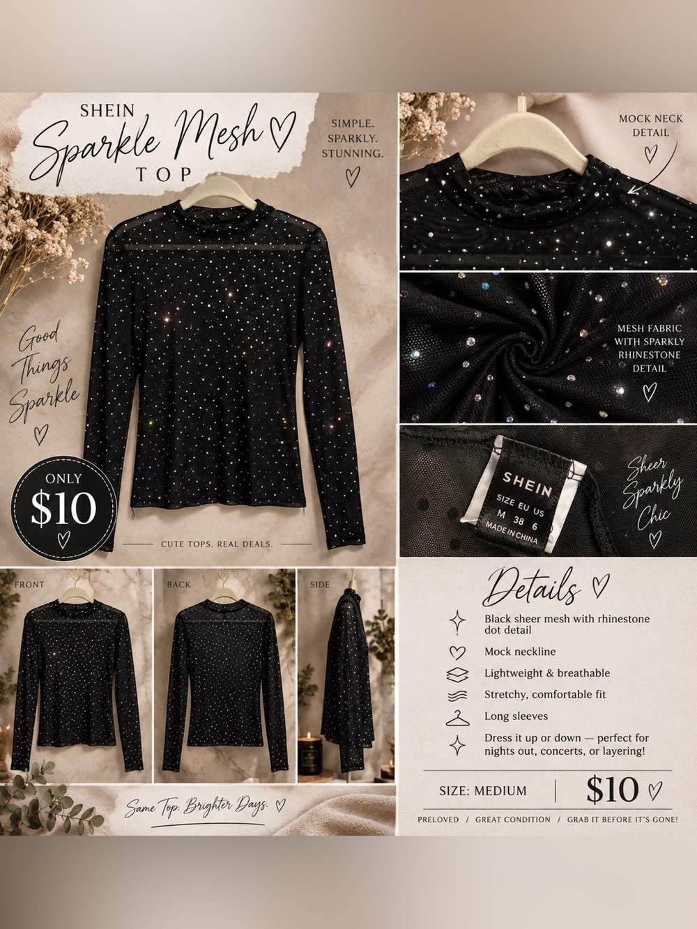 SHEIN Black Sparkle Mesh Top - Long Sleeve Rhinestone Tee